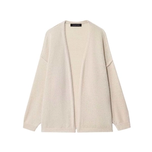 Classic beige chunky knit cardigan sweater with long sleeves and ribbed cuffs in a flat lay