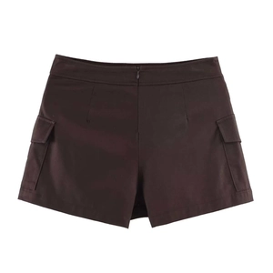 Dark brown high-waisted cargo shorts with flap pockets and a hidden back zipper