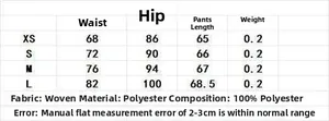 Size chart for women polka dot trousers showing waist, hips and length in XS to L