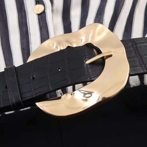 Women's black crocodile embossed leather belt with stylish irregular gold metal buckle
