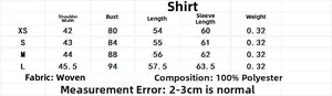 Detailed size chart for polka dot shirt set showing shoulder, bust and sleeve measurements