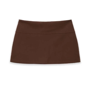 Deep chocolate brown high-waisted A-line mini skirt with wide waistband on white background