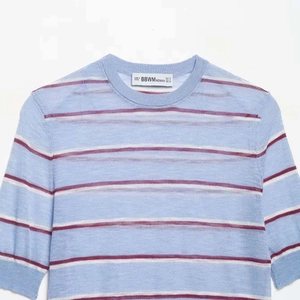 Women's light blue striped knit top with round neck and short sleeves in casual style