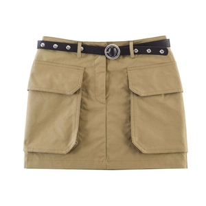 Damen Casual Polyester Cargo Minirock Mit Gürtel Hohe Taille Einfarbig A-Linie Gespleißt Bottom Für Sommer Alltag Kleidung