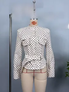 Polka dot long sleeve jacket with stand collar and waist belt detail