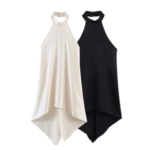 Women Sexy Satin Halter Neck Backless Top Asymmetrical Handkerchief Hem Sleeveless Summer Blouse Party Elegant Clubwear