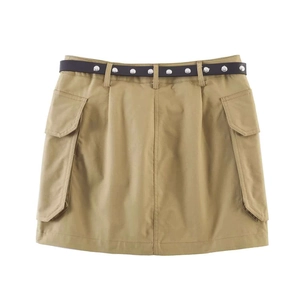 Khaki A-Linie Cargo Minirock für Damen mit Nietengürtel und großen Klappentaschen