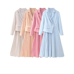 Robe Midi Plissée Blazer Élégante pour Femmes Manches Longues Boutonnage Simple Taille Haute Revers Ligne A Robe de Bureau
