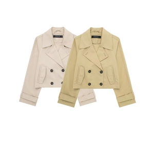 Kurze zweireihige Trenchjacken für Damen in Beige und Khaki mit großen Reverskragen
