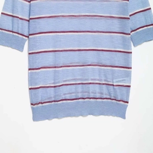 Women's light blue knit top with burgundy stripes and ribbed cuffs for summer fashion