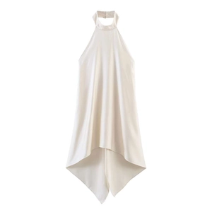 Elegant cream satin halter neck top featuring asymmetric hem and backless design