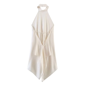 Asymmetric backless halter top in cream satin finish with adjustable ties for women
