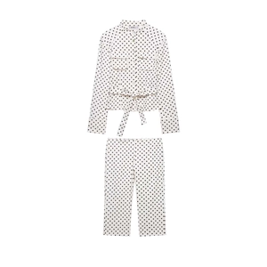 Women's two-piece casual polka dot shirt and straight pants set with waist belt