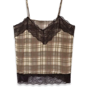 Haut à Bretelles Vintage à Carreaux pour Femmes Sexy Bordure en Dentelle Col en V Texture Satinée Débardeur d'Été