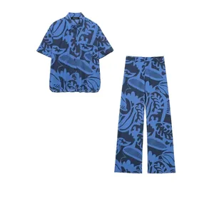 Women Summer Polyester Printed Shirt And Wide Leg Pants Casual Botanical Coconut Tree Pattern Short Sleeve Top And Long Bottom