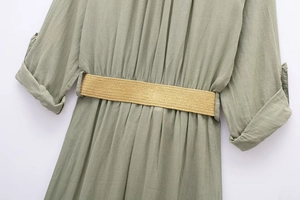 Detail of sage green linen blend shirt dress with woven belt and cuffed sleeves