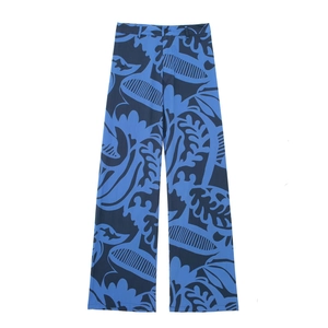 Women summer bohemian wide-leg pants with blue abstract floral print and button closure