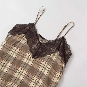 Haut caraco vintage à carreaux pour femmes avec dentelle et bretelles réglables