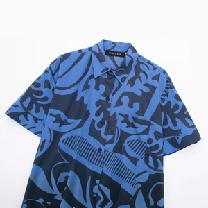 Women's 2024 summer blue leaf print short sleeve shirt set with casual Hawaiian style