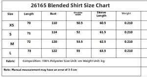 Size chart for women's loose casual shirt with detailed measurements in centimeters