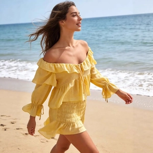 Women Yellow Chiffon Blouse Off Shoulder Ruffle Long Flared Sleeve Tie Neck Summer Vacation Top Fashion Women Clothing