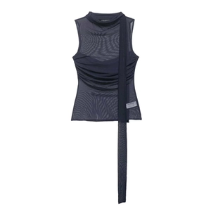 Canotta Donna Sexy Blu Marino in Rete Senza Maniche Collo a Lupetto Increspata Trasparente Con Fiocco Slim Fit Moda Estiva Streetwear