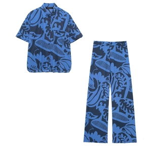 Men's casual two-piece set featuring blue abstract floral print short sleeve shirt and pants