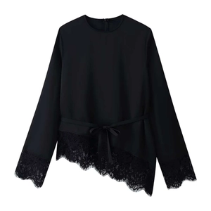 Women's black round-neck chiffon top with asymmetric lace hem and drawstring waist