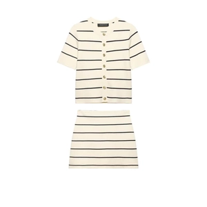 Women Vintage Beige Black Striped Knit Top And Bottom Set Elegant Short Sleeve Cardigan And Mini Skirt French Style Knitwear