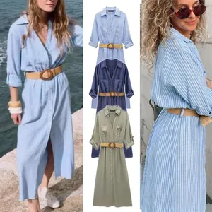Women Linen Blend Shirt Dress Long Sleeve Button Down Maxi Dress With Woven Belt Elegant Striped Casual Vacation Dress
