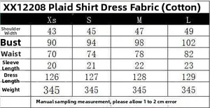 Detailed size chart for plaid shirt dress showing measurements for XS to L sizes in centimeters