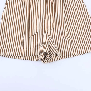 Women's summer striped jumpsuits shorts with matching belt and vertical brown stripes