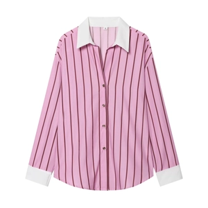 Pink striped long sleeve shirt with white contrast collar and cuffs in casual loose fit