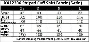 Detailed size guide table for women striped satin shirt with rolled cuff measurements