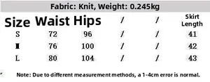 Size chart for vintage beige and black striped knitted skirt set with detailed measurements