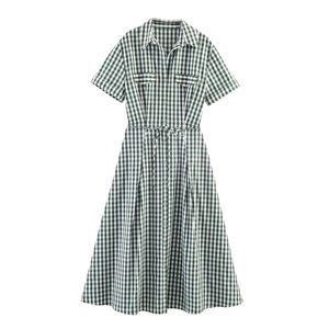 Women Gingham Plaid Shirt Dress Short Sleeve Turn Down Collar Button Down Midi Dress With Drawstring Waist And Pockets