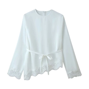 White chiffon long sleeve top with lace embroidery and asymmetric hemline for women