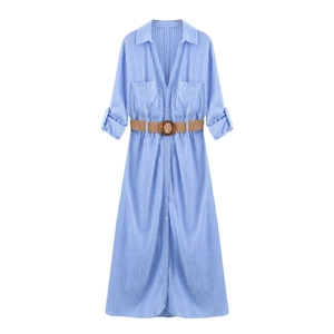 Vertical striped blue and white linen blend maxi shirt dress with woven belt