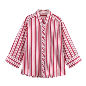 Women's Casual Red And White Striped Satin Blouse Loose Fit Lapel Long Sleeve Button Up Shirt Top Elegant Commuter Wear