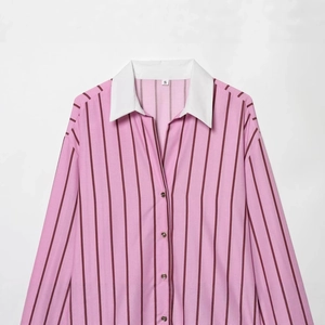 Detailed view of pink striped shirt with contrasting white collar and size S label