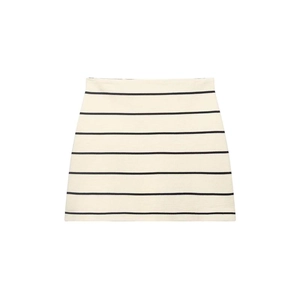 Chic beige and black horizontal striped knit mini skirt with minimalist A-line silhouette
