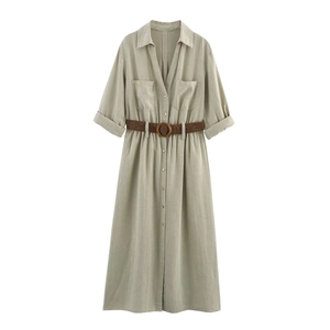 Linen blend shirt dress with v-neck, chest pockets, and woven belt in sage green