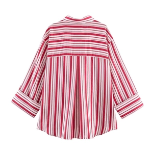 Back view of a casual red and white vertical striped shirt with rolled cuffs and back pleat