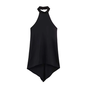 Women's black halter neck sleeveless top featuring an asymmetric handkerchief hemline