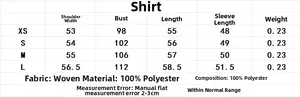 Size guide for women's satin shirt showing measurements from XS to L in centimeters
