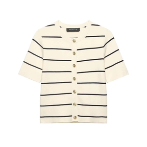 French style beige knit cardigan with black stripes and decorative gold buttons