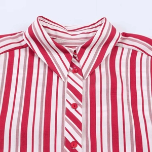 Women's casual striped shirt featuring classic red and white vertical patterns and buttons