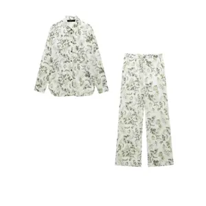 Ensemble Femme Décontracté Imprimé Floral Tropical Chemise Manches Longues Et Pantalon Large À Cordon Haut Ou Bas