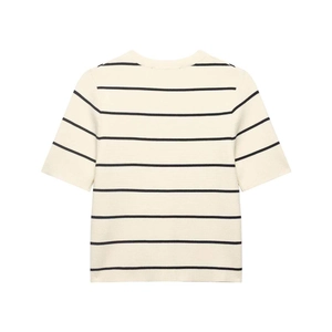 Classic beige and black striped knit short sleeve t-shirt with a clean round neckline