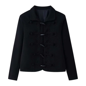 Short black jacket with stand collar and decorative frog button fasteners for women